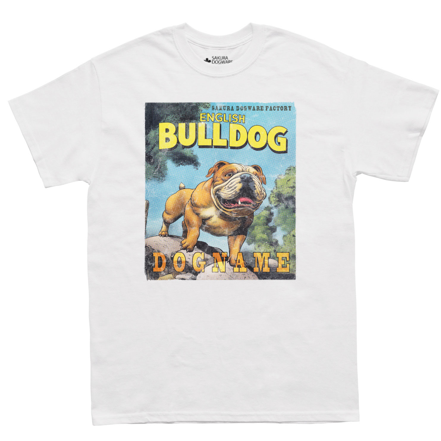 SAKURA DOGWARE FACTORY 名入れ　ユニセックス　Tシャツ　アメコミ風ヴィンテージプリント　イングリッシュブルドッグ　6167