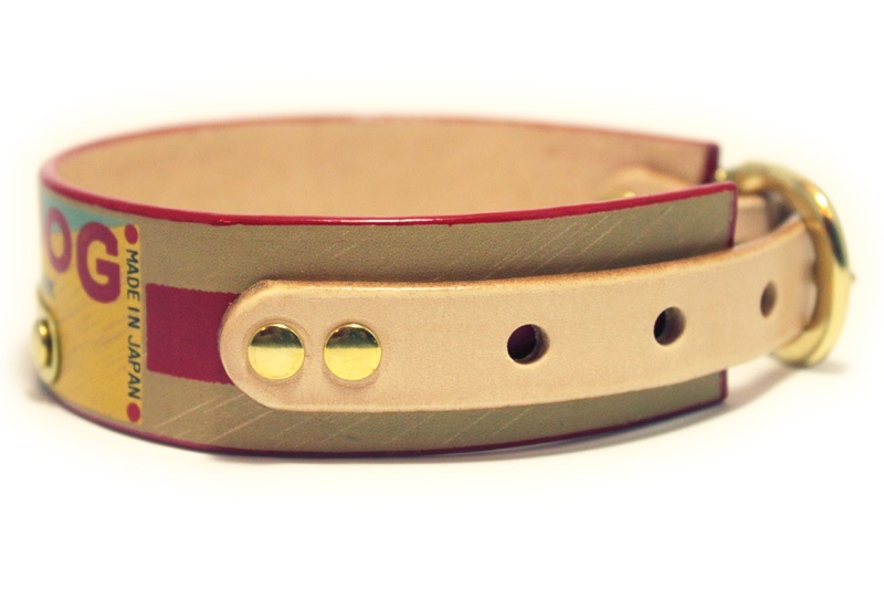 彫刻真鍮プレート付　おなまえ首輪　名入れ・電話番号　グラフィックプリント『Lucky Dog/福犬印』　本革首輪　真鍮無垢金具 サイズSS～L ベルト幅30mm #33044