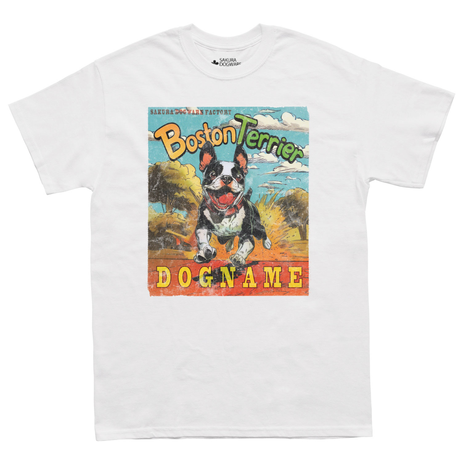 SAKURA DOGWARE FACTORY 名入れ　ユニセックス　Tシャツ　アメコミ風ヴィンテージプリント　ボストンテリア　6175