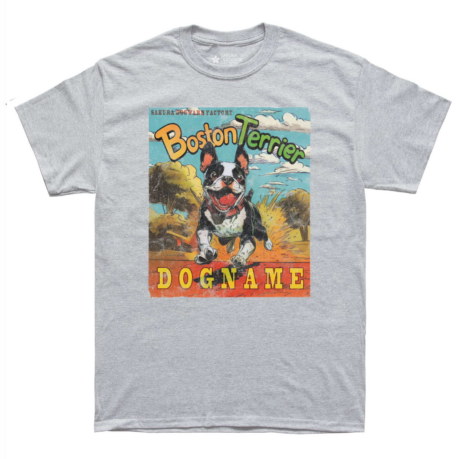 SAKURA DOGWARE FACTORY 名入れ　ユニセックス　Tシャツ　アメコミ風ヴィンテージプリント　ボストンテリア　6175