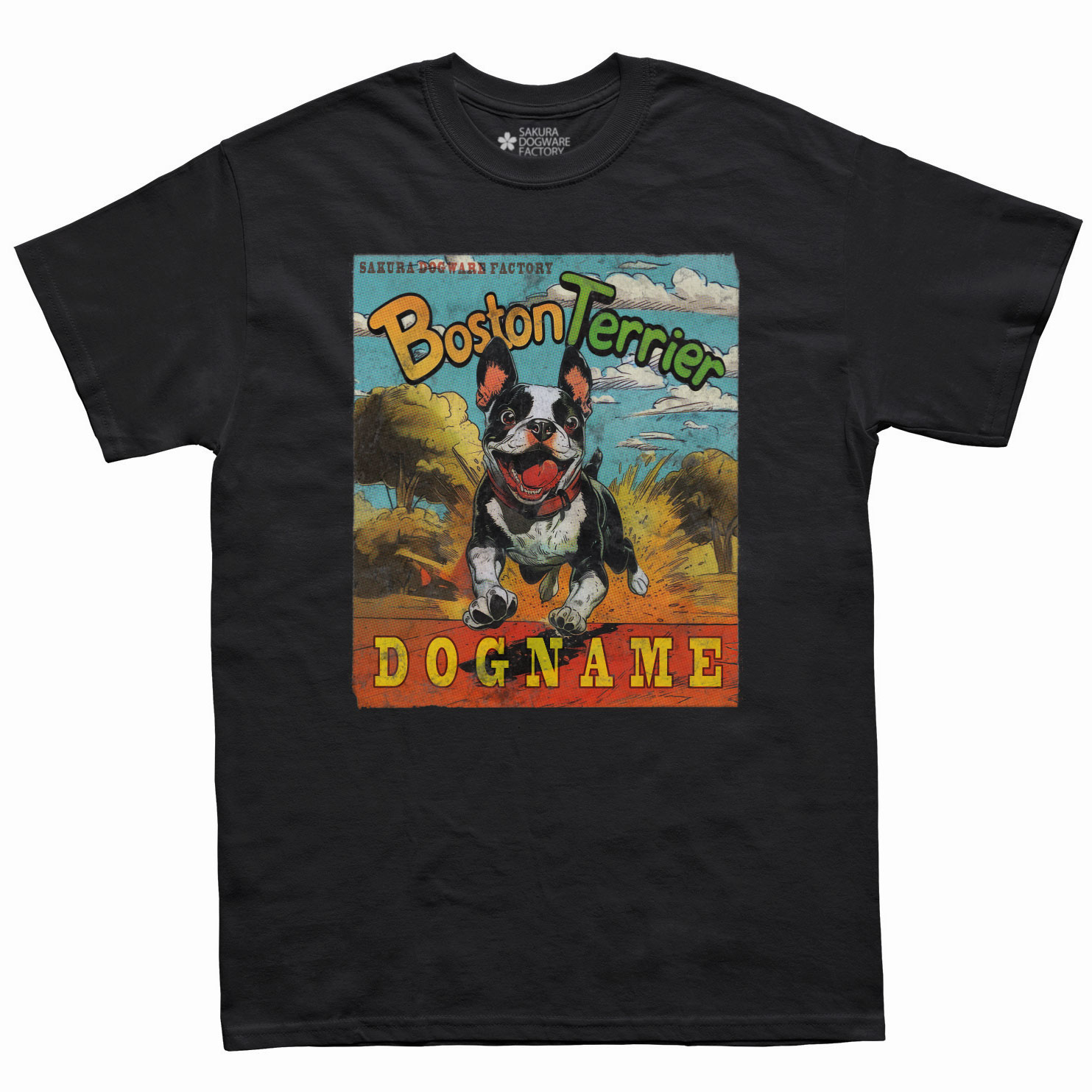 SAKURA DOGWARE FACTORY 名入れ　ユニセックス　Tシャツ　アメコミ風ヴィンテージプリント　ボストンテリア　6175