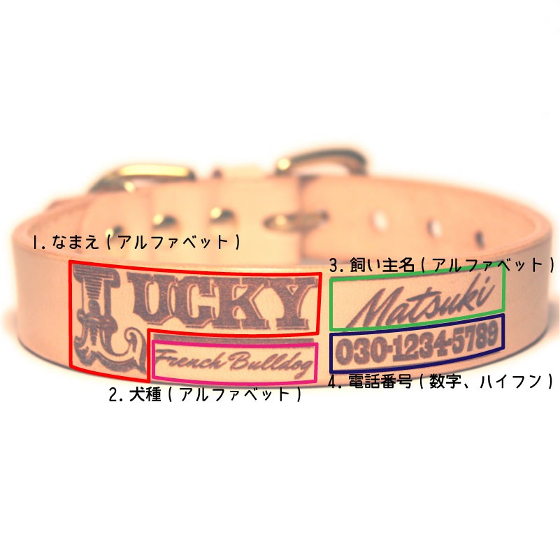 [中・大型犬用]おなまえ首輪　名前電話番号レーザー彫刻　本ヌメ革/本革　手仕上げ　　真鍮金具　首輪(小型犬・中型犬)　A88895 (L～LLサイズ)