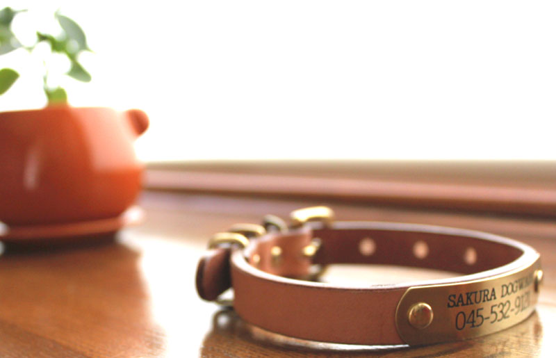 迷子札付首輪　おなまえ首輪　真鍮彫刻プレート付　本ヌメ革/本革　手仕上げ　　真鍮金具　首輪(小型犬・中型犬)　A88890 (SS～Lサイズ　3-14kg)