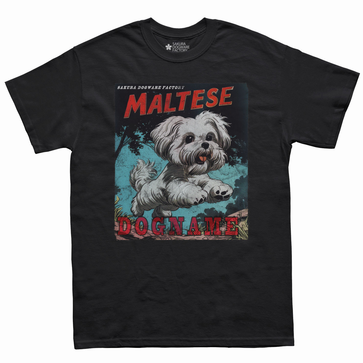 SAKURA DOGWARE FACTORY 名入れ　ユニセックス　Tシャツ　アメコミ風ヴィンテージプリント　マルチーズ　6177