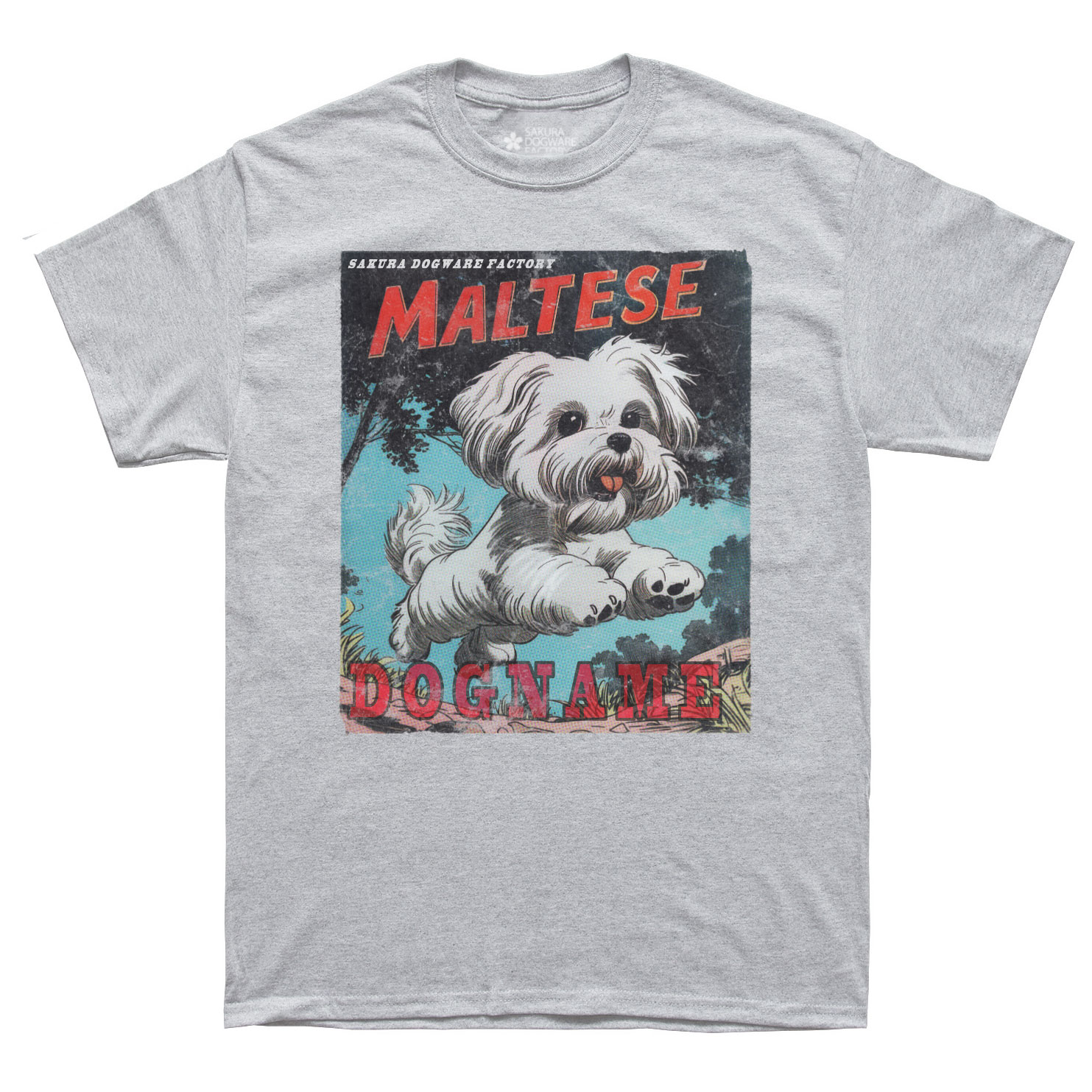 SAKURA DOGWARE FACTORY 名入れ　ユニセックス　Tシャツ　アメコミ風ヴィンテージプリント　マルチーズ　6177