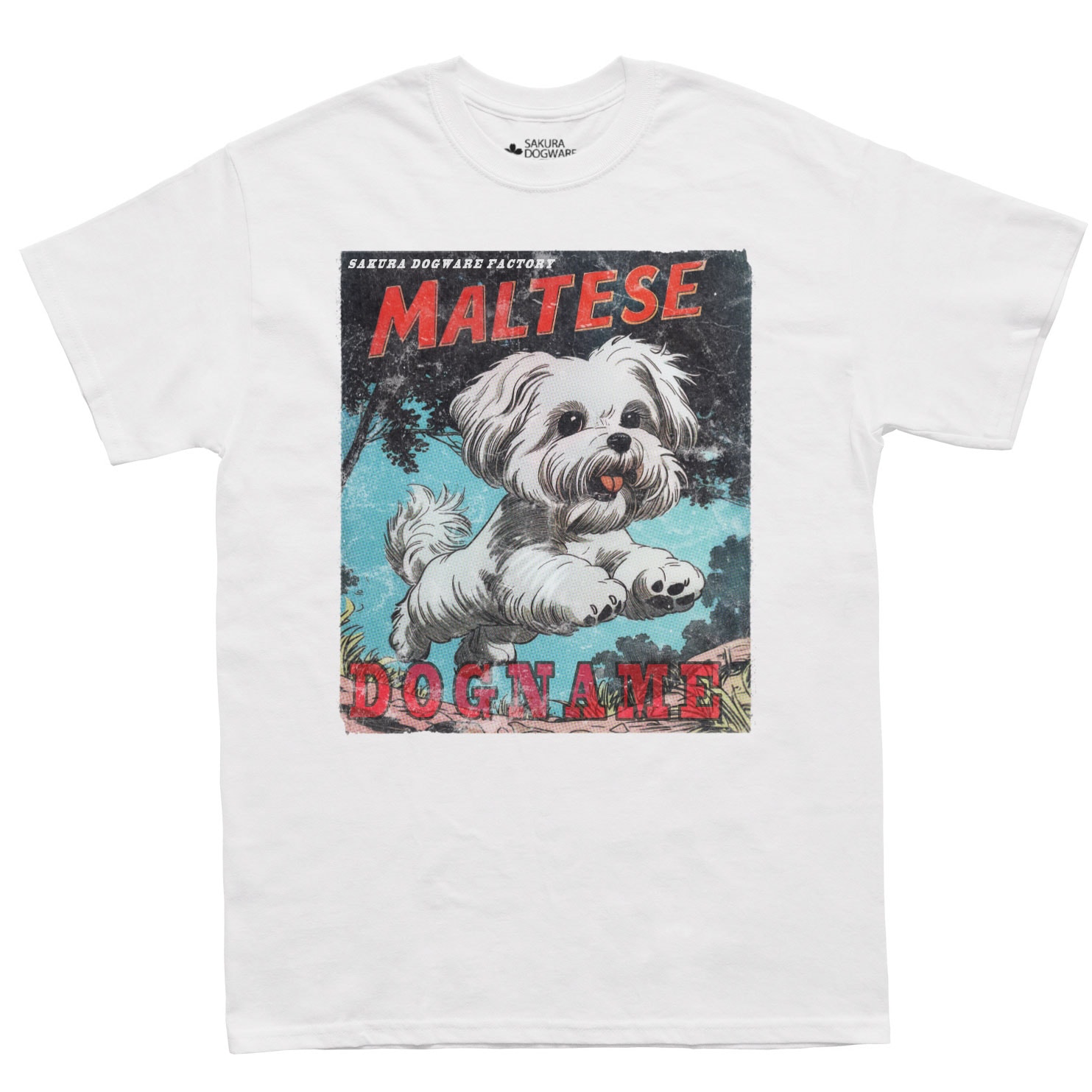 SAKURA DOGWARE FACTORY 名入れ　ユニセックス　Tシャツ　アメコミ風ヴィンテージプリント　マルチーズ　6177
