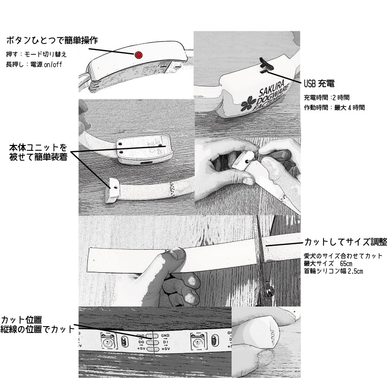 LED光る首輪　マルチカラー発光　流れる点滅　全4色14パターン　USB充電　