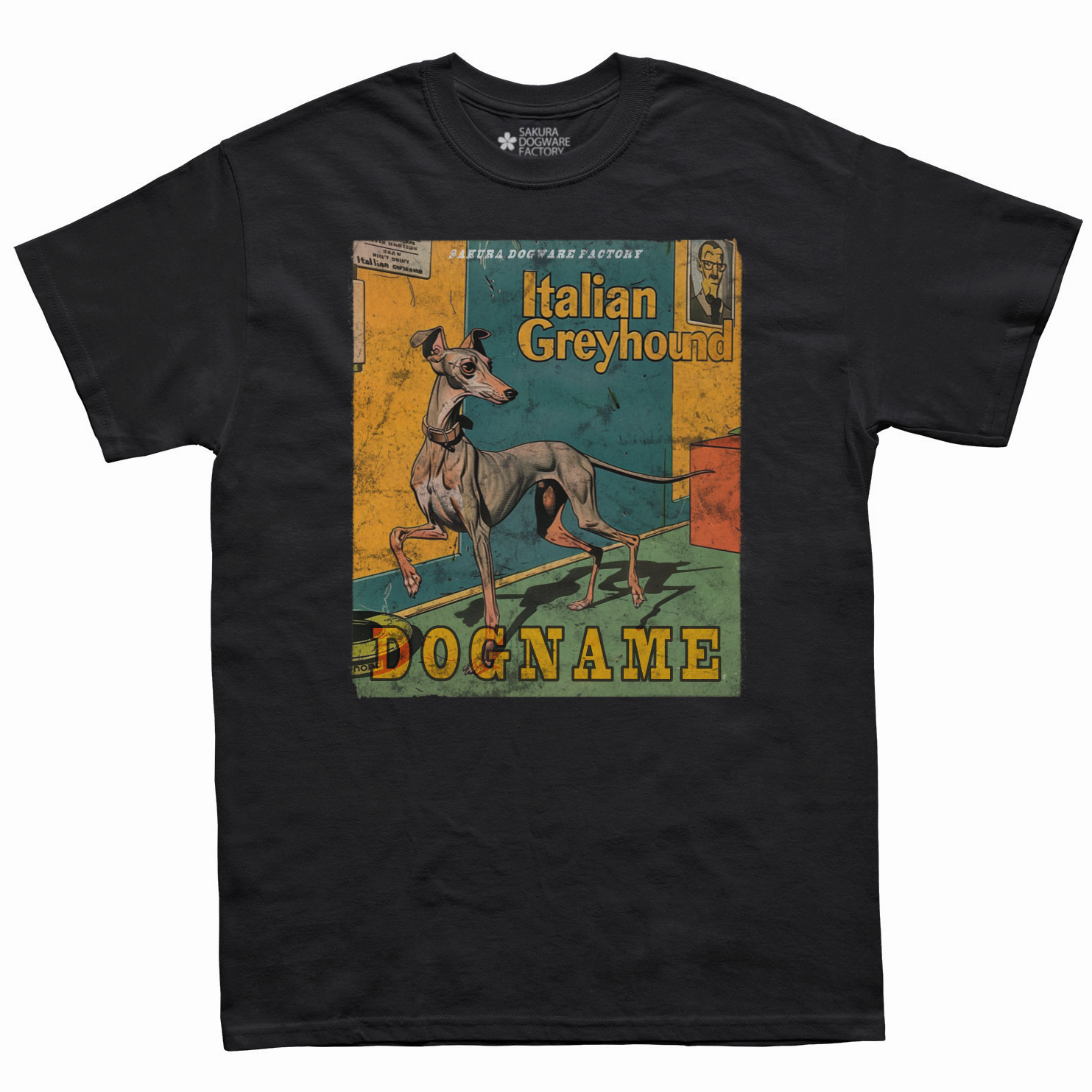 SAKURA DOGWARE FACTORY 名入れ　ユニセックス　Tシャツ　アメコミ風ヴィンテージプリント　イタリアングレイハウンド　6180