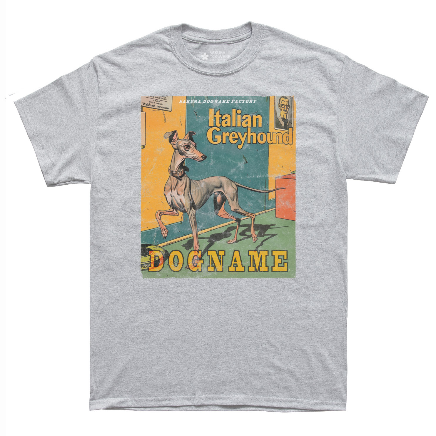 SAKURA DOGWARE FACTORY 名入れ　ユニセックス　Tシャツ　アメコミ風ヴィンテージプリント　イタリアングレイハウンド　6180