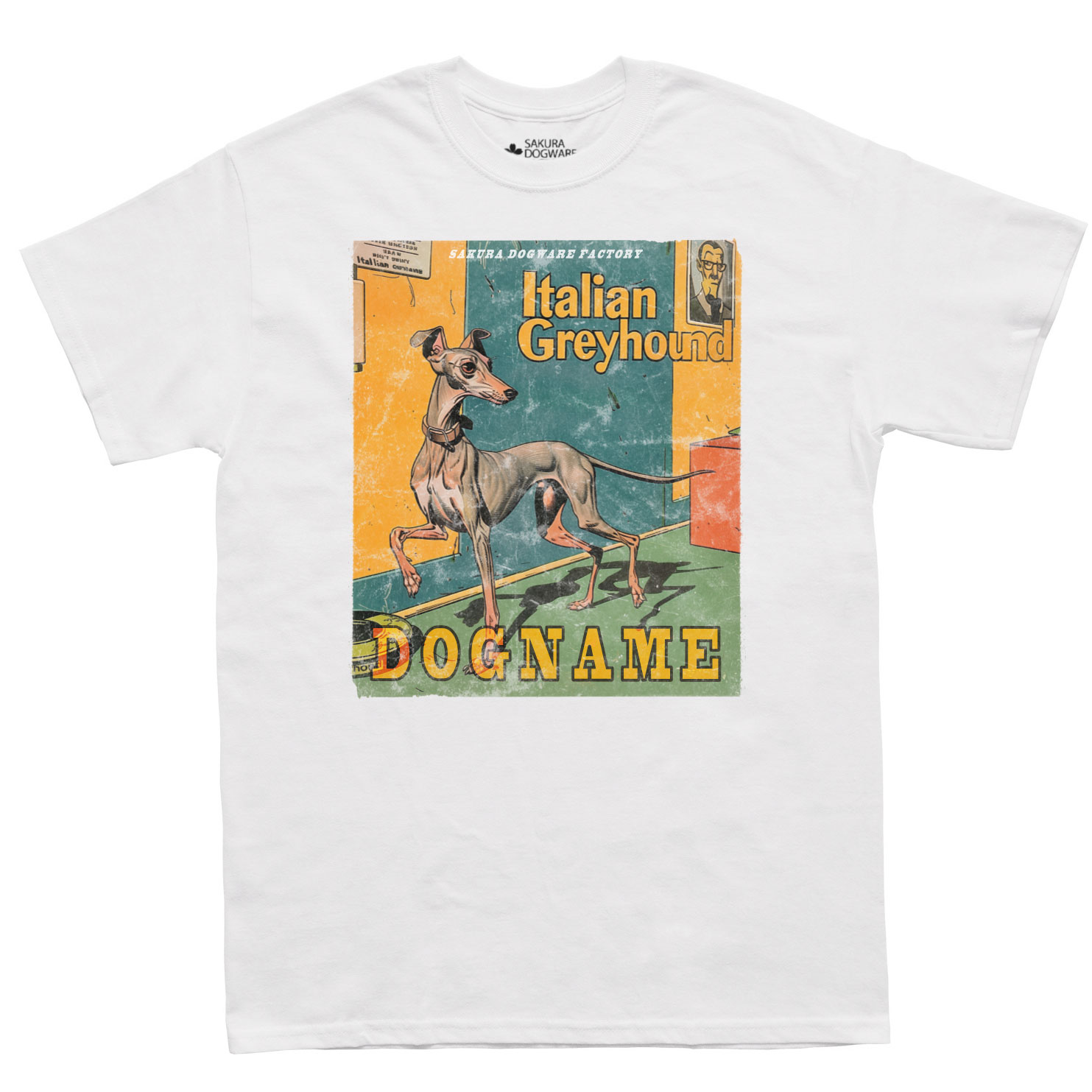 SAKURA DOGWARE FACTORY 名入れ　ユニセックス　Tシャツ　アメコミ風ヴィンテージプリント　イタリアングレイハウンド　6180