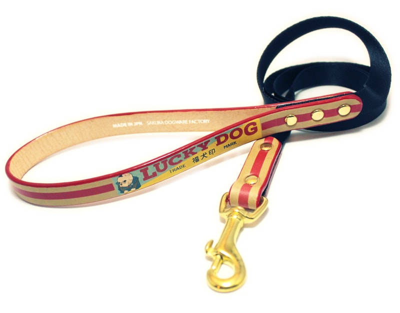 彫刻真鍮プレート付　おなまえ首輪　名入れ・電話番号　グラフィックプリント『Lucky Dog/福犬印』　本革首輪　真鍮無垢金具 サイズSS～L ベルト幅30mm #33044