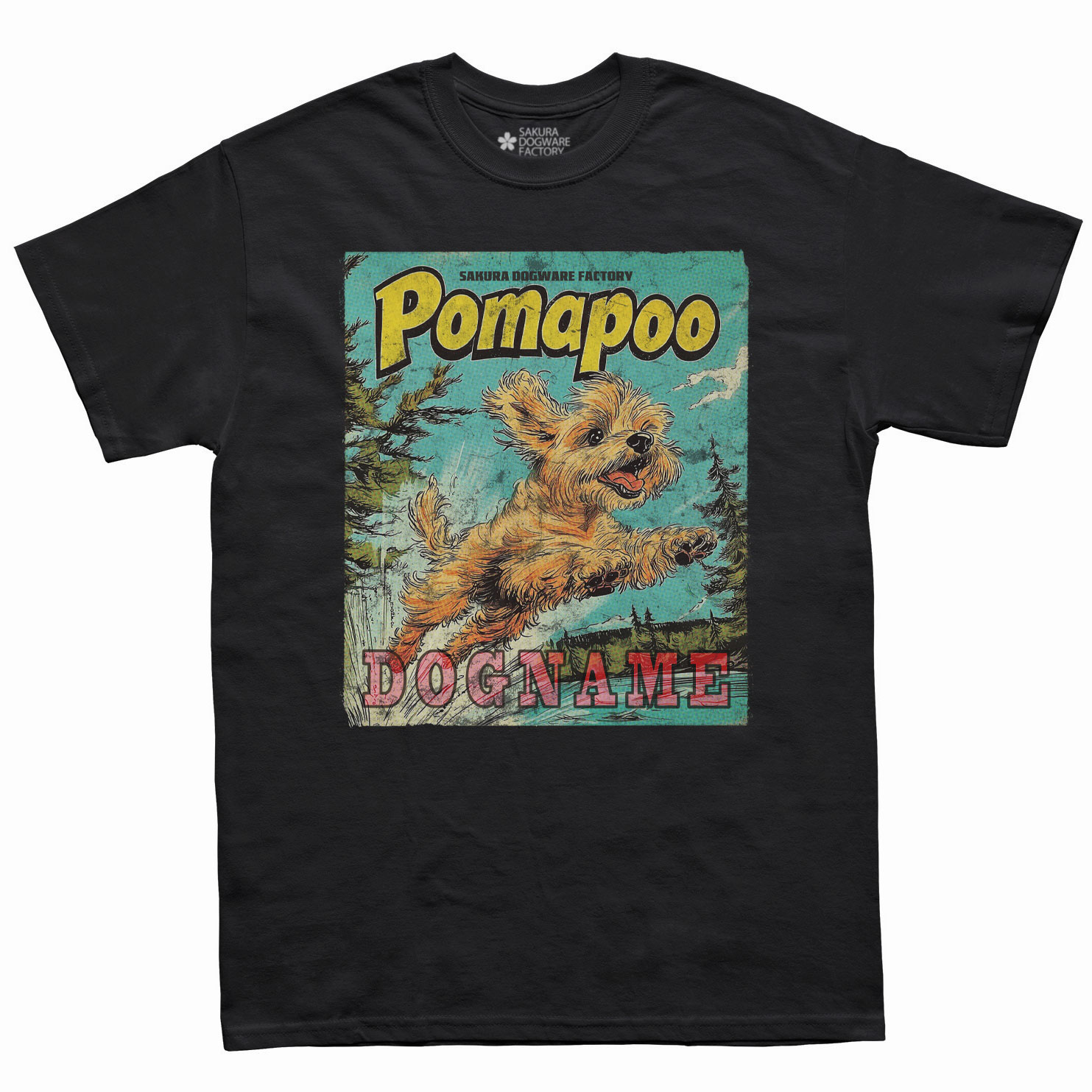 SAKURA DOGWARE FACTORY 名入れ　ユニセックス　Tシャツ　アメコミ風ヴィンテージプリント　ポメプー　MIX犬　6187