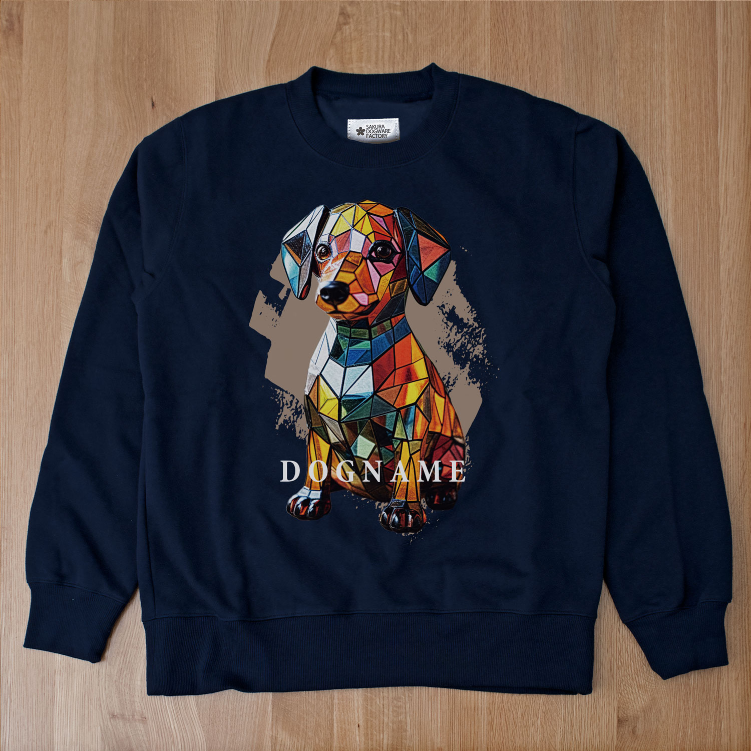 SAKURA DOGWARE FACTORY 名入れ　ユニセックス　クルーネックスウェット　トレーナー　ダックスフンド　ステンドグラスデザイン