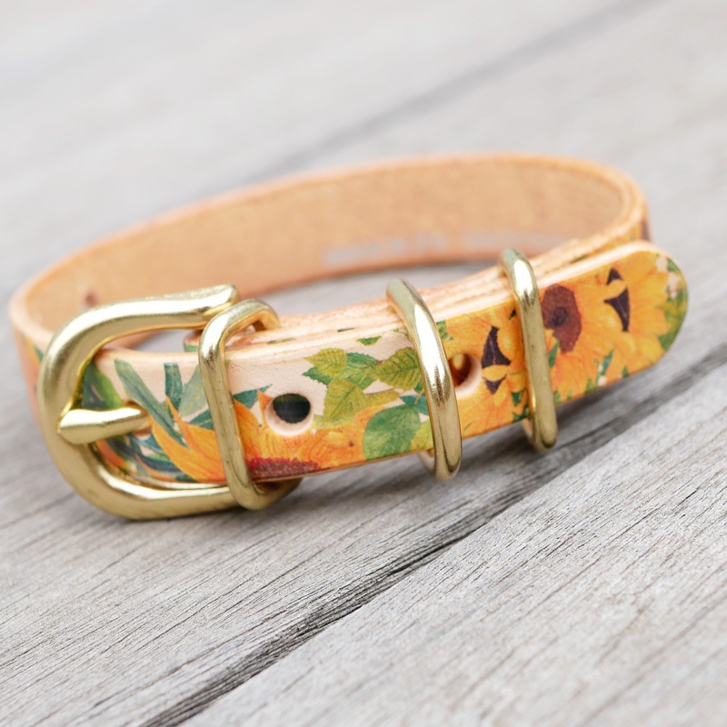 Framer アートなグラフィック本革首輪 花柄ひまわり　フラワー　真鍮無垢金具 サイズSS～L ベルト幅16mm #23454