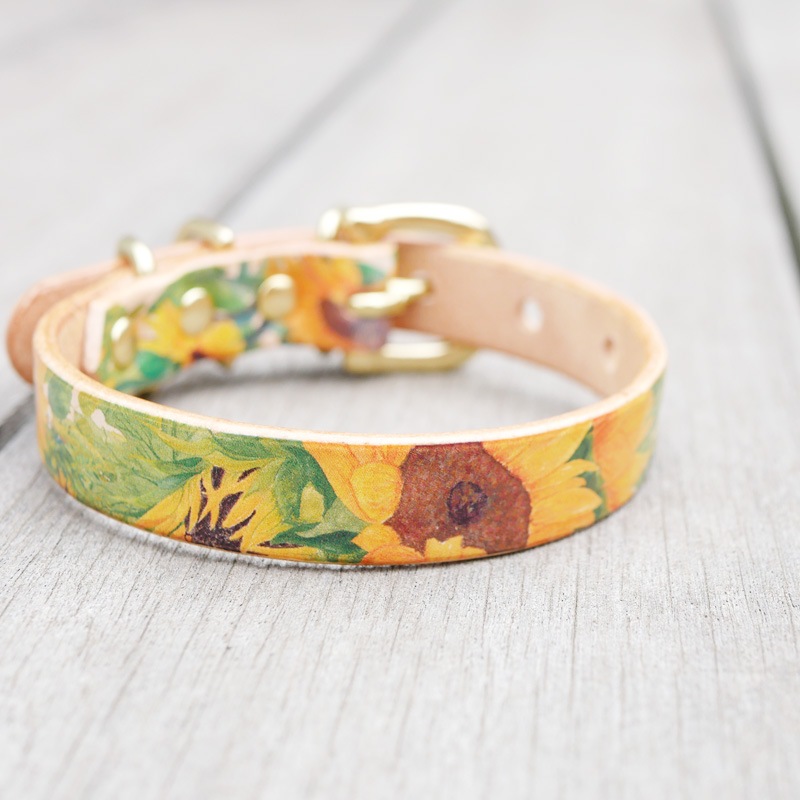 Framer アートなグラフィック本革首輪 花柄ひまわり　フラワー　真鍮無垢金具 サイズSS～L ベルト幅16mm #23454