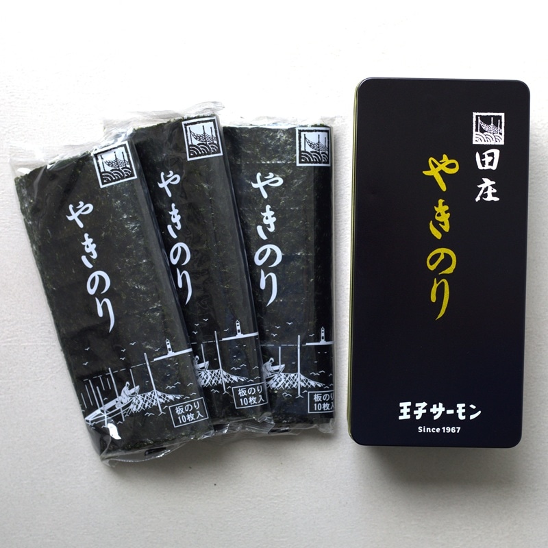 田庄のやきのり　王子サーモンロゴ入り3帖缶