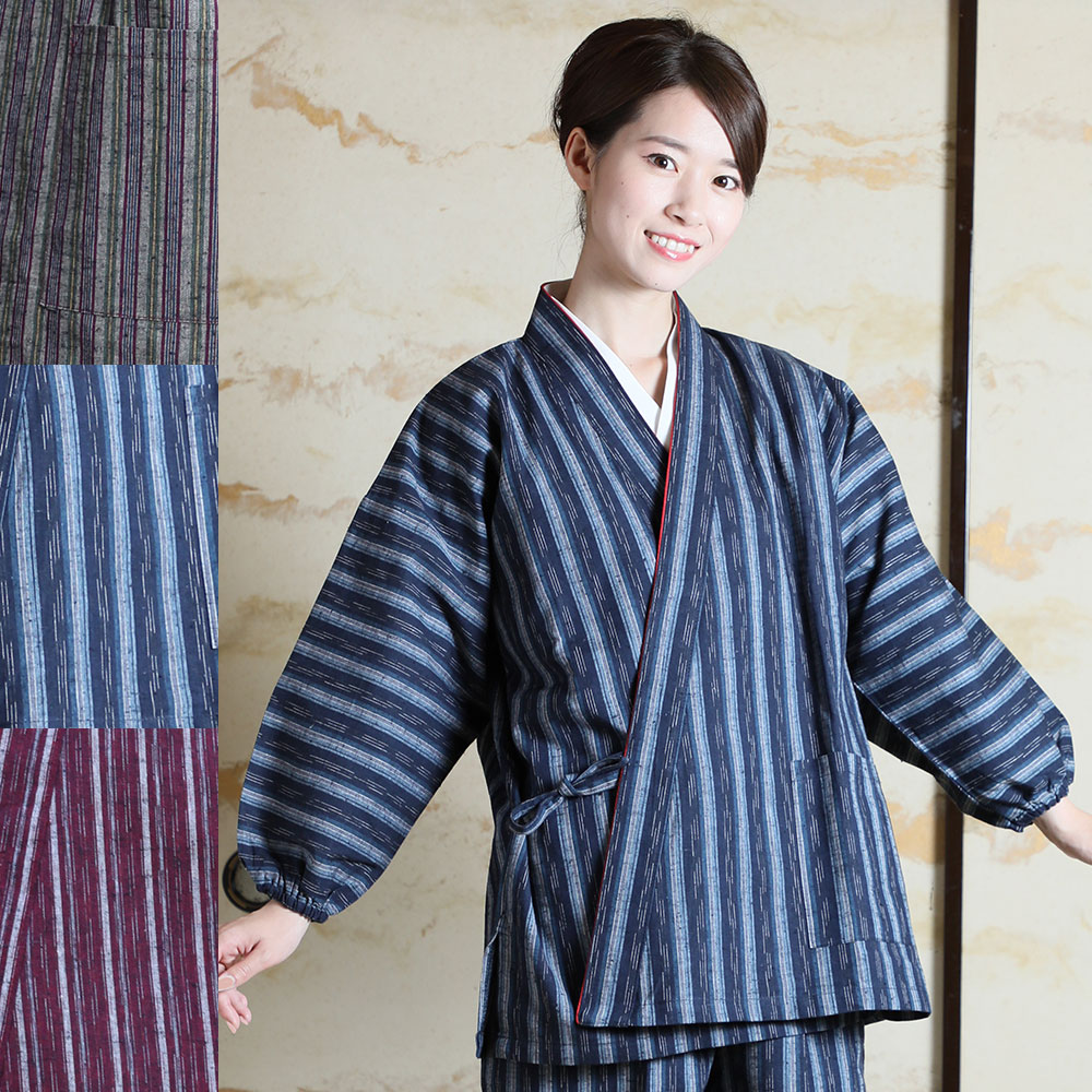 木綿紬ストライプさむえ(ネイビー・ブラウン・パープル)(M-L) | すべて
