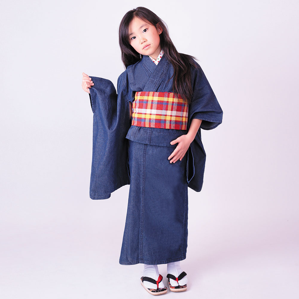 女の子用 洗えるデニム着物 巡―MEGURU― インディゴ(120-130cm