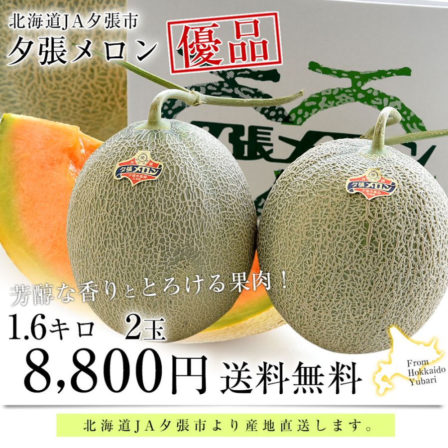 北海道より産地直送 JA夕張市 夕張メロン 優品 2玉(1.6キロ×2玉) 送料