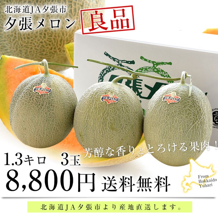 北海道より産地直送 JA夕張市 夕張メロン 良品 3玉(1.3キロ×3玉) 送料