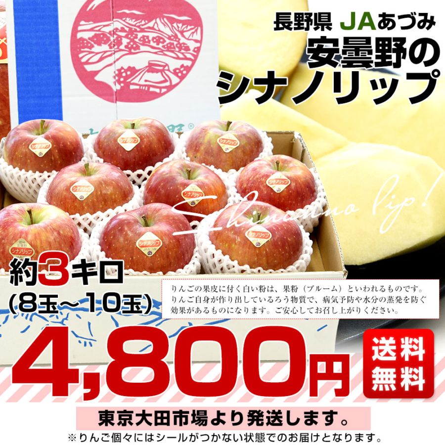 長野県 JAあづみ 安曇野 シナノリップ 約3キロ（8玉から10玉入り）送料
