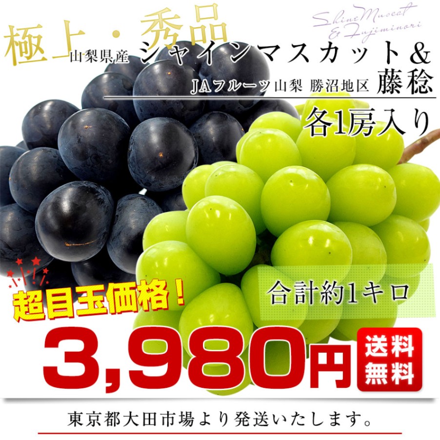 山梨県産 シャインマスカット＆藤稔 合計約1キロ(各1房入り) 送料無料