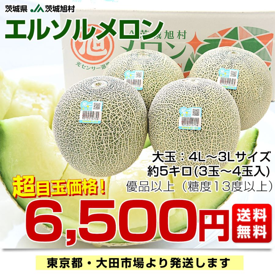 茨城県産 JA茨城旭村 エルソルメロン 優品以上 大玉 4Lから3L