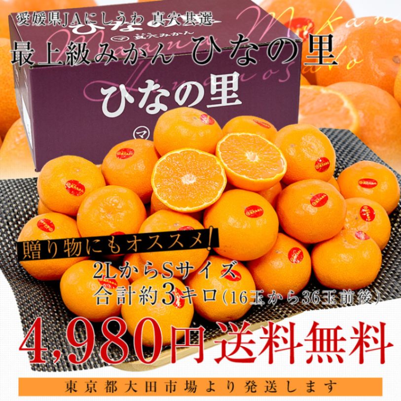 今期最終！愛媛県真穴産 ひなの里・屋根掛けみかん【2S〜S混合 約3kg 】 愛媛県 JAにしうわ 真穴共選 最上級みかん「ひなの里」2LからS