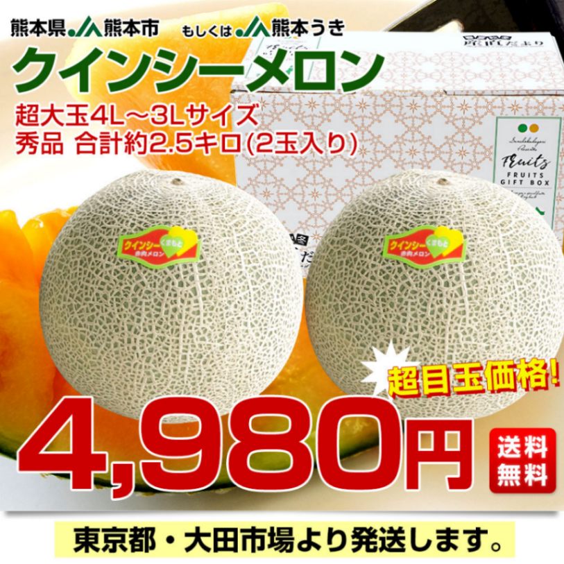熊本県産 JA熊本市又はJA熊本うき クインシーメロン 超大玉 4Lから3L