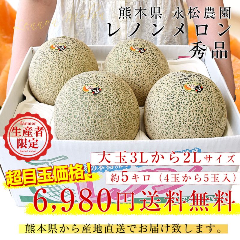 熊本県より産地直送 永松農園 レノンメロン 秀品 大玉3Lから2Lサイズ