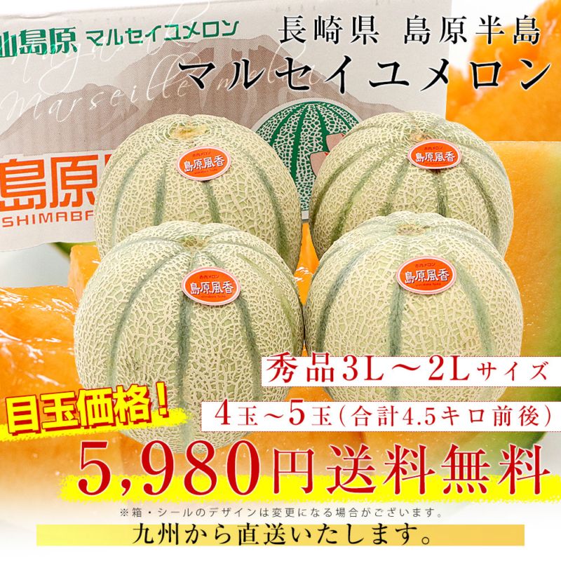 長崎県産 赤肉メロン マルセイユメロン 秀品 3Lから2Lサイズ 4玉から5