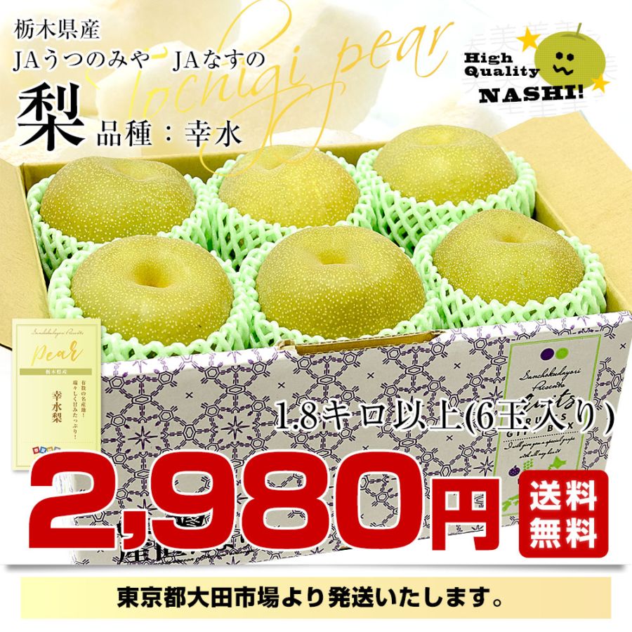 栃木県産 「梨」 品種：幸水 1.8キロ以上 (6玉) 送料無料 なし ナシ 幸