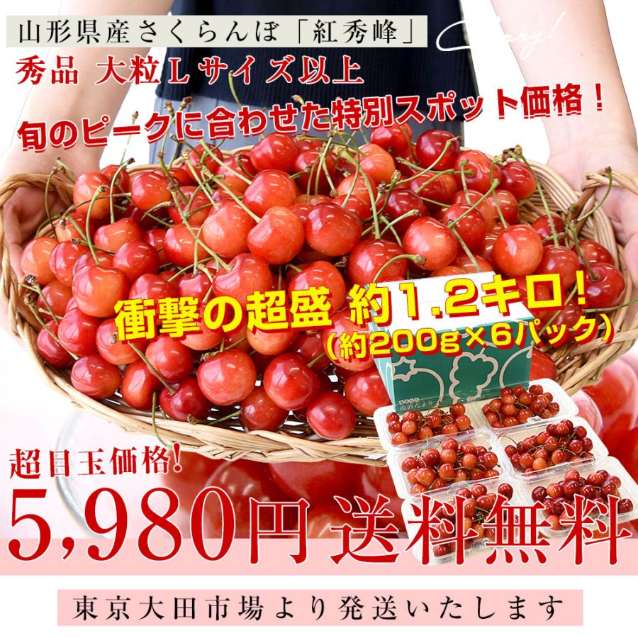 山形県産さくらんぼ「紅秀峰」秀品 Lサイズ以上 衝撃の超盛 約1.2キロ