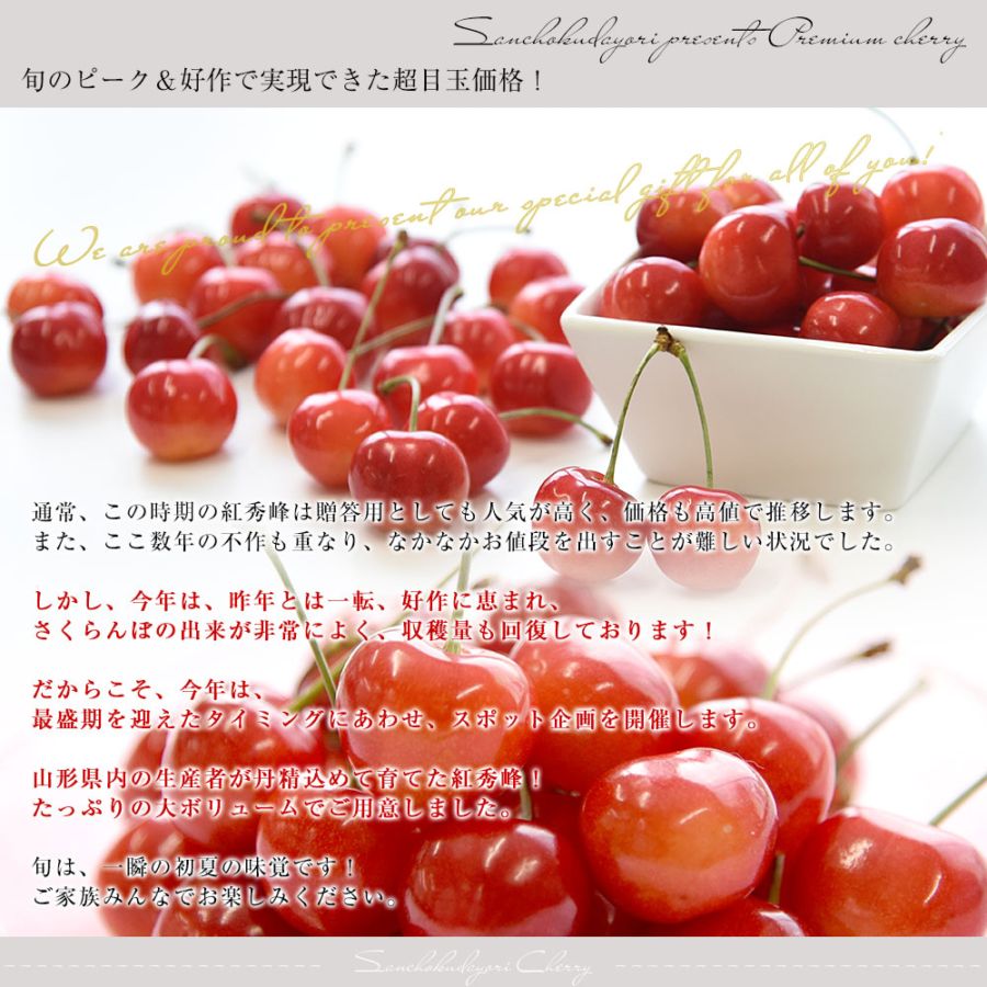 山形県産さくらんぼ「紅秀峰」秀品 Lサイズ以上 衝撃の超盛 約1.2キロ