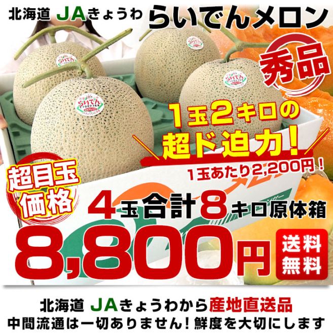 北海道より産地直送 JAきょうわ らいでんメロン 赤肉 秀品 超大玉 8