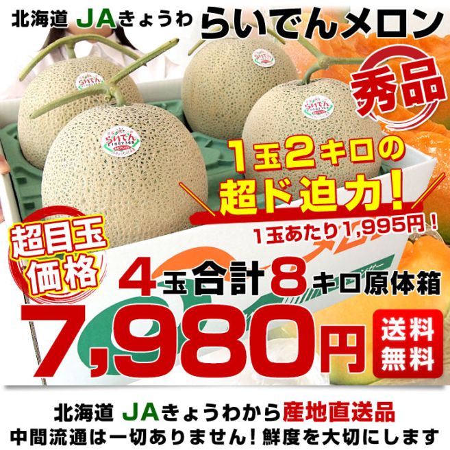 北海道より産地直送 JAきょうわ らいでんメロン 赤肉 秀品 超大玉 8