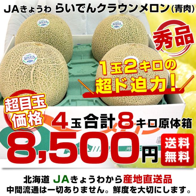 北海道より産地直送 JAきょうわ らいでんクラウンメロン 青肉 秀品