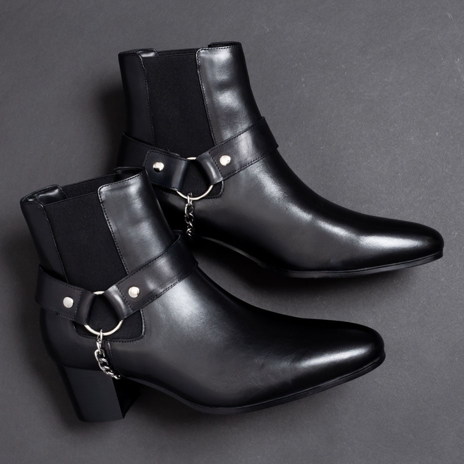 サイドゴア レザー リングブーツ / チェーン ハイヒール [ ELB518-1