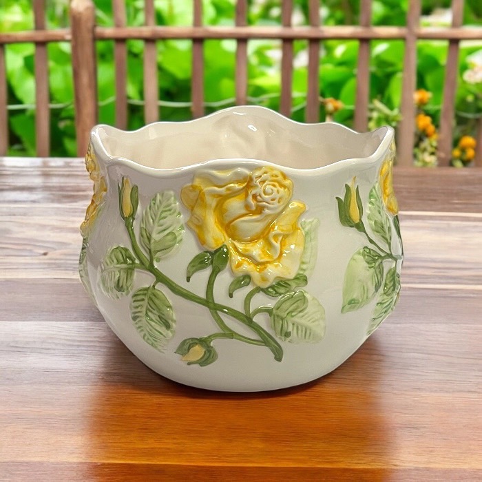 植木鉢 ポルトガル 手描き バラ 黄色 イエロー 花柄 陶器 セラミック