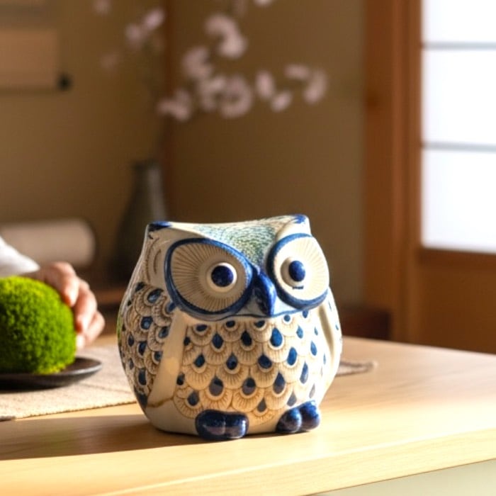 コバルトフクロウ貯金箱 h33c 青花 コインバンク 小銭入れ 福郎