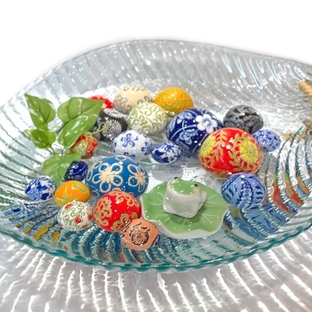 カラフル 浮き球 中セット 3個 アソート 浮き玉 花手水 陶器 柄