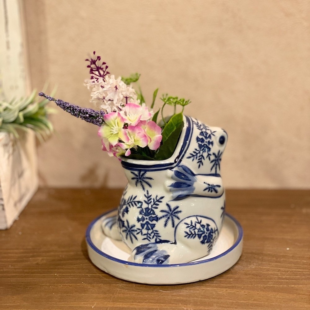植木鉢 受け皿付 蛙植木鉢 カエル かえる 青花 陶器 和風 多肉