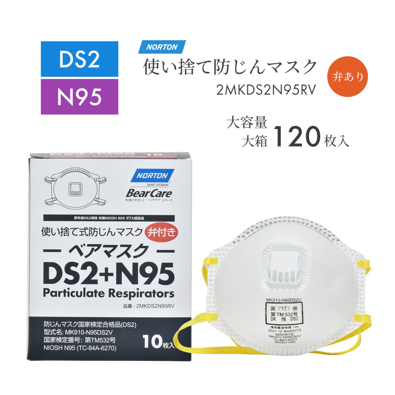 ノートン ( NORTON ) 使い捨て式 防じんマスク ベアマスク MK910-N95DS2V 排気弁あり お得な 120枚/大箱 DS2 + N95 合格品 ( 直送 ) 2MKDS2N95RV ( 代引き不可 )