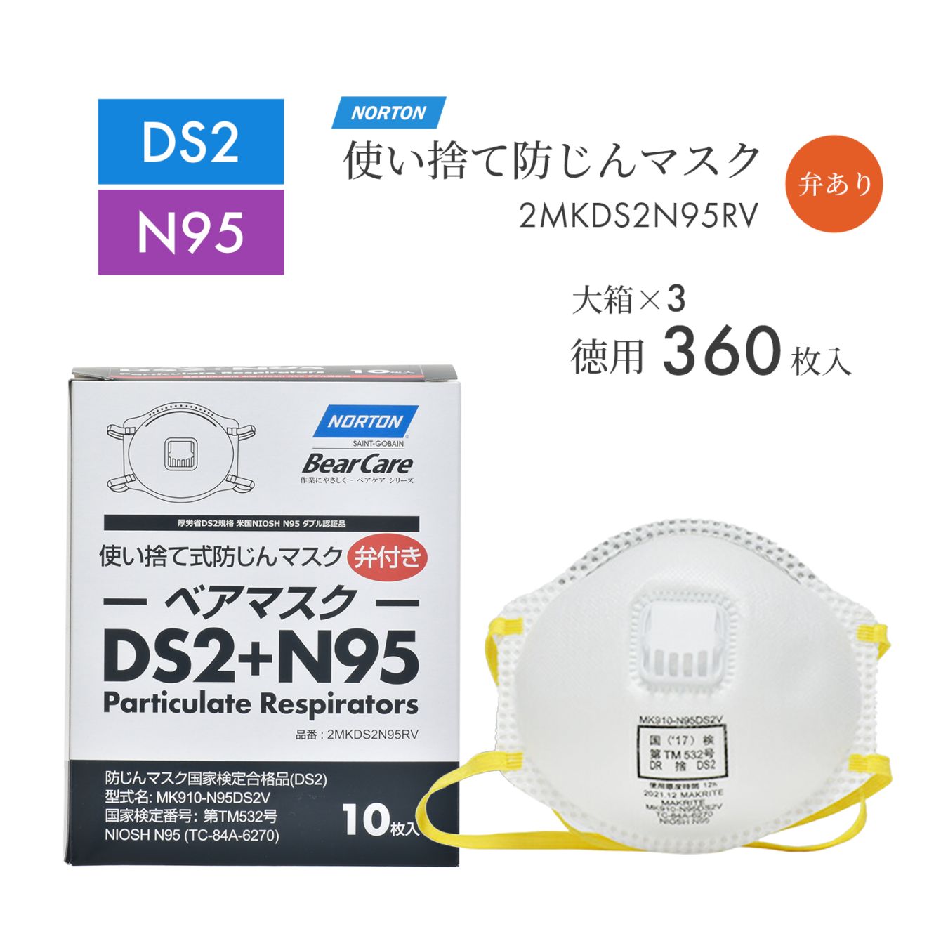 ノートン ( NORTON ) 使い捨て式 防じんマスク ベアマスク MK910-N95DS2V 排気弁あり 大特価 360枚/大箱×3 DS2 + N95 合格品 ( 直送 ) 2MKDS2N95RV ( 代引き不可 )
