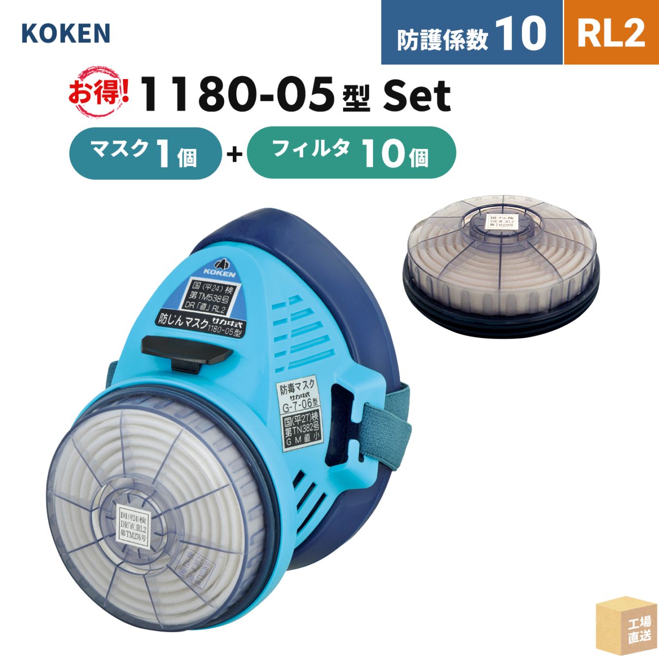 興研 取替え式防じんマスク サカヰ式 1180-05型 1個 + アルファリングフィルタ LAS-51型 10個 お得なフィルタ付セット RL2 ( 直送 ) 126390-176400 ( 代引き不可 )