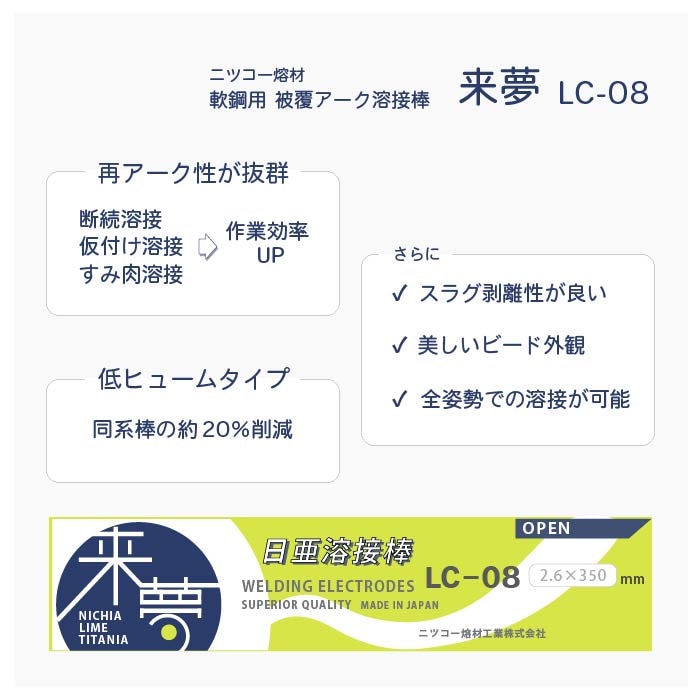 ニッコー熔材 ( NICHIA ) アーク溶接棒 来夢 LC-08 ( LC08 ) 鉄溶接 の