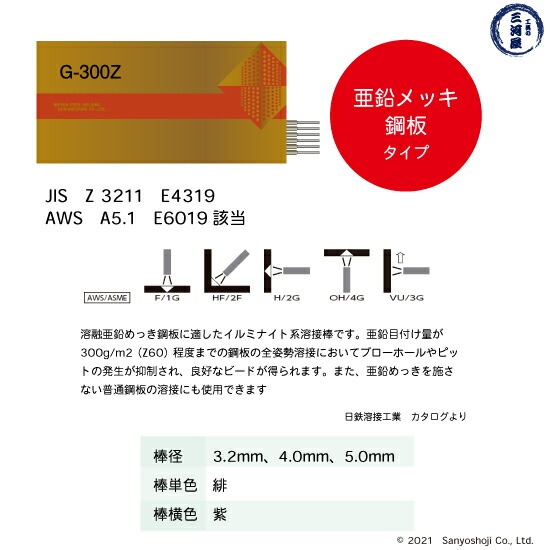 日鉄 溶接工業 アーク溶接棒 G-300Z ( G300Z ) 亜鉛 メッキ 板用 φ 3.2 日鉄 溶接工業 アーク溶接棒 G-300Z ( G300Z ) 亜鉛 メッキ 板用 φ 3.2
