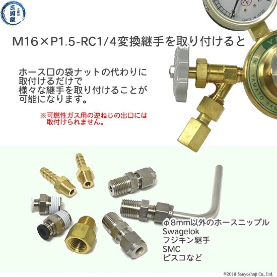出口 変換継手 高圧ガス調整器 用 M16×P1.5(右)袋ナット×RC1/4 | 調整