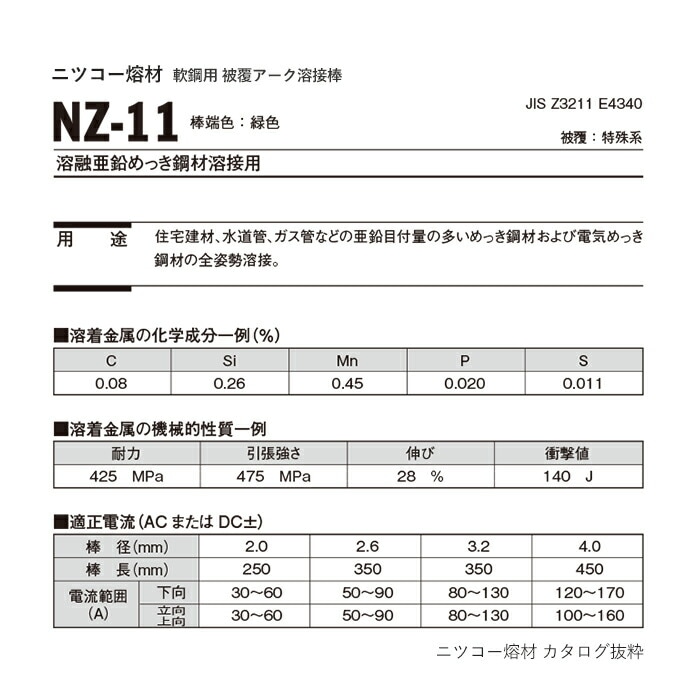 ニッコー熔材 ( NICHIA ) アーク溶接棒 NZ-11 ( NZ11 ) 亜鉛メッキ 用