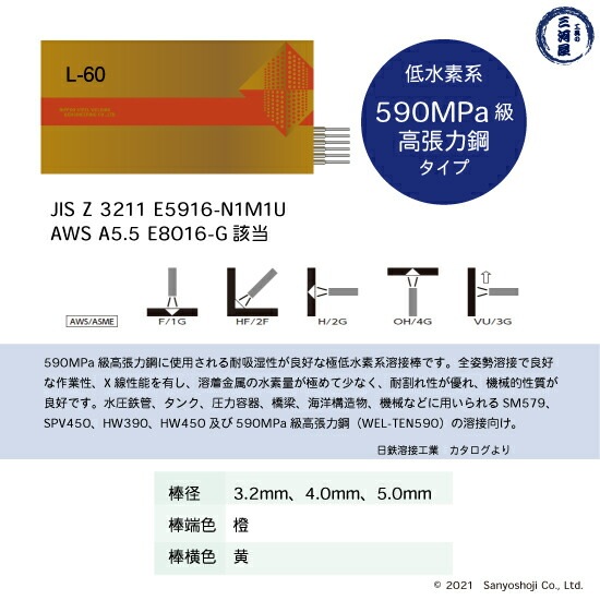 日鉄 溶接工業 アーク溶接棒 L-60 ( L60 ) 590MPa級 高張力鋼用 φ 4.0